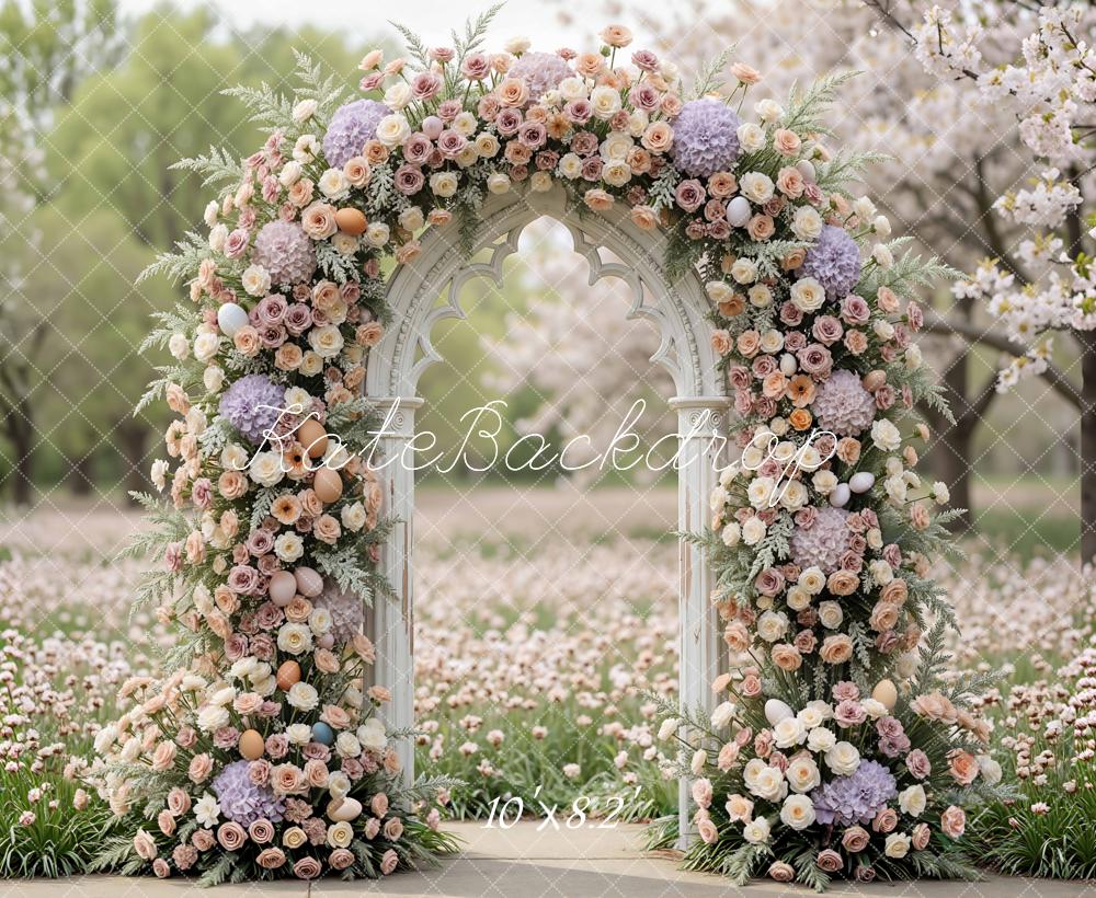 Kate Spring Flower Arch Easter Eggs Spring Garden Printed Backdrop Designed by Mini MakeBelieve
