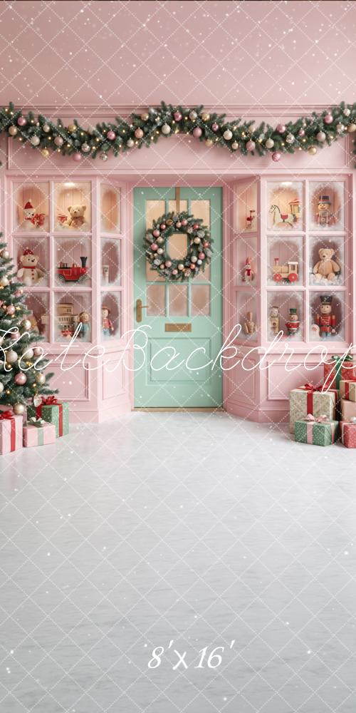 Kate Sweep Christmas Pink Toy Shop Garland Wreath Printed Backdrop Designed by Happy Squirrel Design