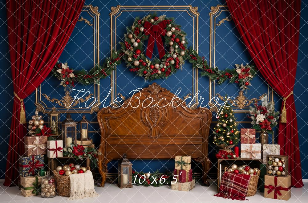 Kate Christmas Headboard Wreath Red Curtains Gifts Printed Backdrop Designed by Patty Roberts