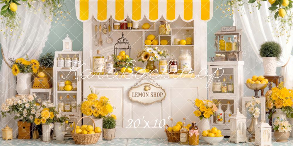 Kate Summer Lemon Shop Yellow Striped Awning Flowers Shelves Printed Backdrop Designed by Emetselch