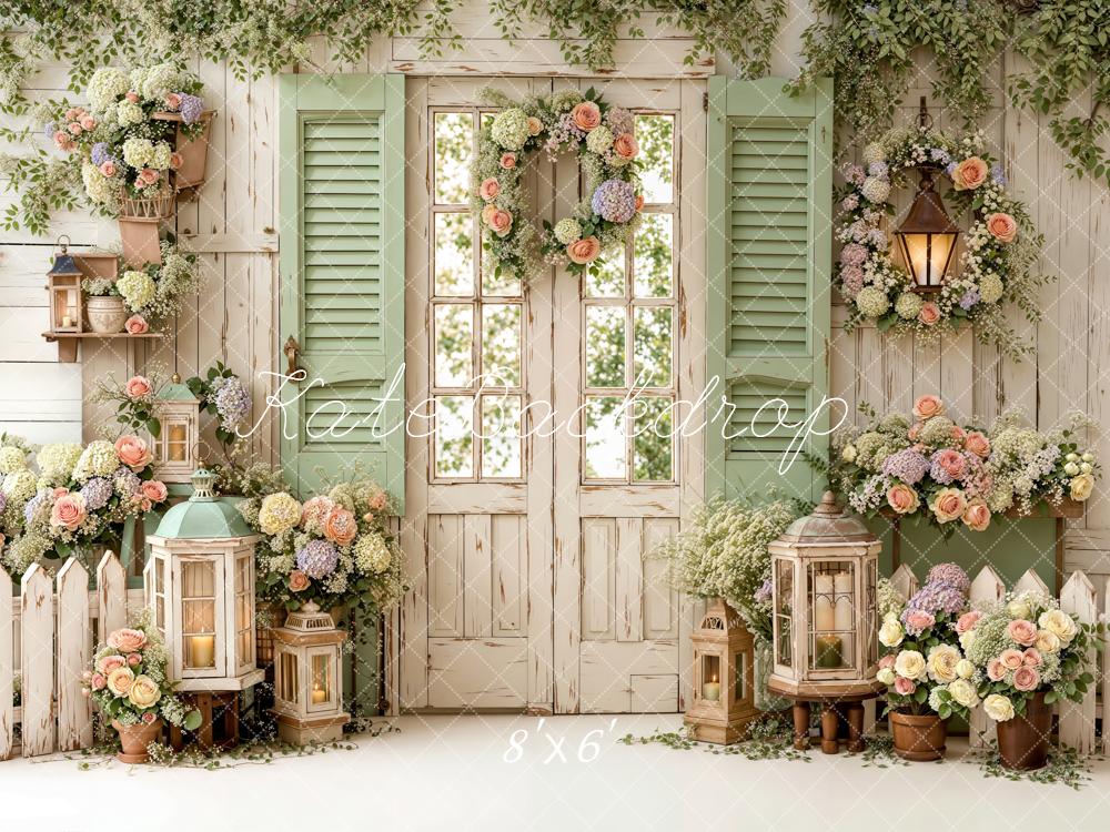 SALE Kate Spring Floral Garden Door Lanterns Wreath Green Shutters Backdrop Designed by Emetselch