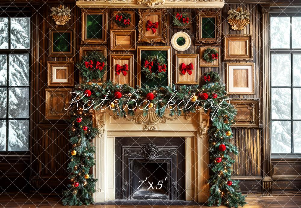 Kate Christmas Fireplace Garland Vintage Picture Frames Printed Backdrop Designed by Mini MakeBelieve