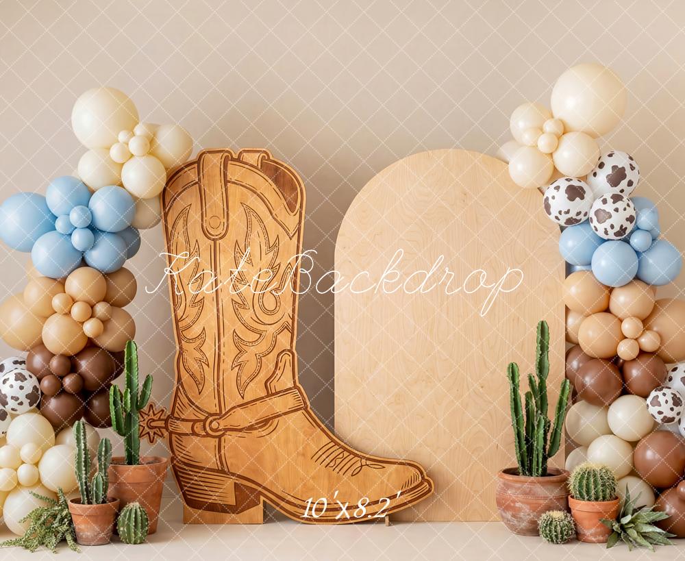Kate Cake Smash Western Cowboy Boot Cactus Balloon Arch Printed Backdrop Designed by Patty Roberts