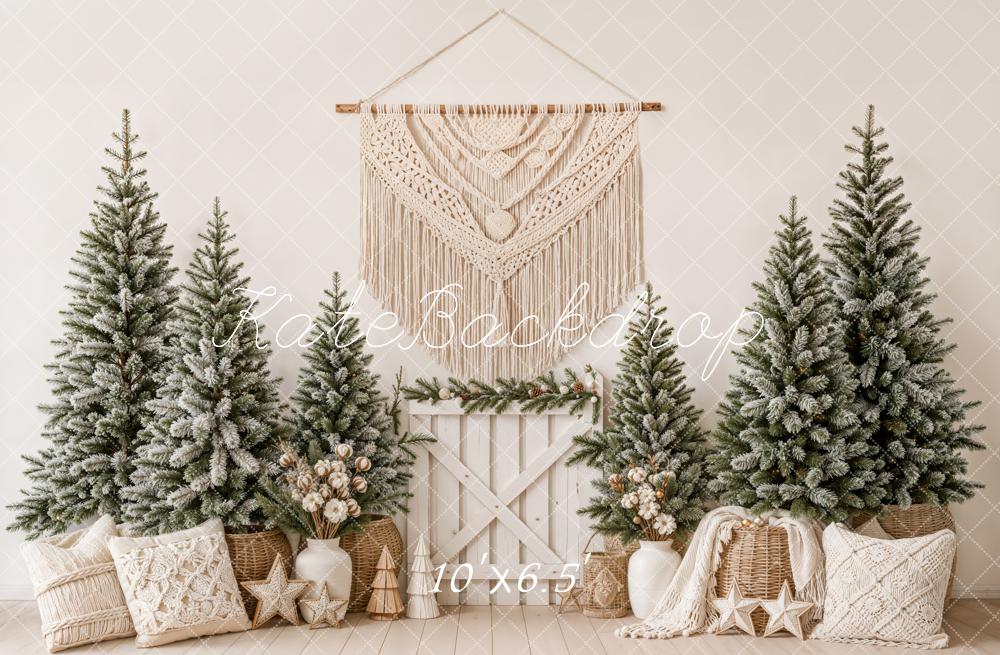 Kate Christmas Boho Snowy Pine Trees Macrame Pillows Printed Backdrop Designed by Emetselch