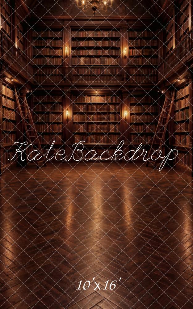 Kate Sweep Library Bookshelves Vintage Wall Brown Herringbone Floor Printed Backdrop Designed by Vertigo Productions