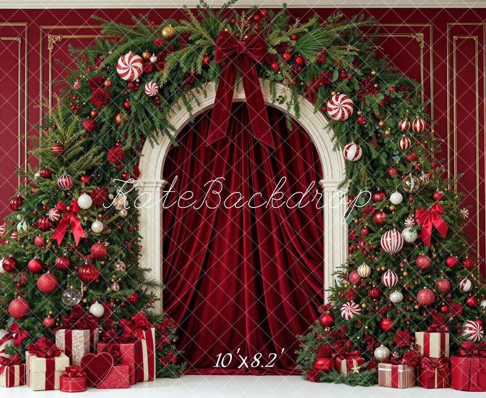 Kate Christmas Red Drapes Evergreen Arch Gifts Printed Backdrop Designed by Mini MakeBelieve