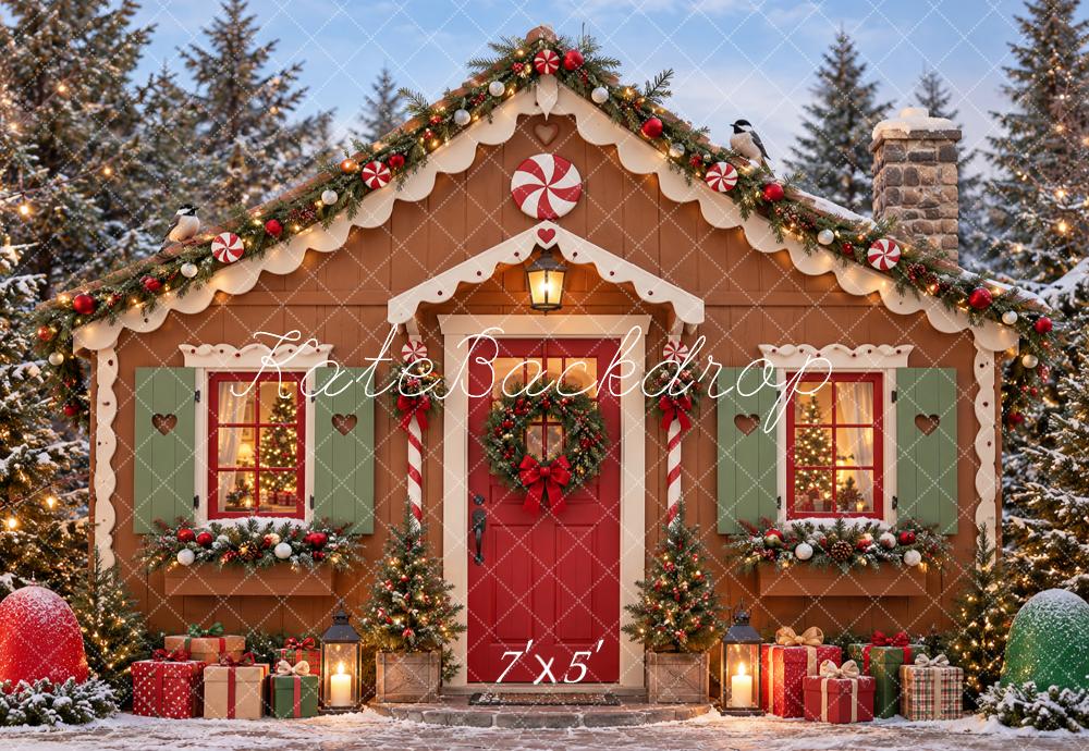 Kate Christmas Gingerbread Cottage Candy Cane Snowy Forest Printed Backdrop Designed by Vertigo Productions