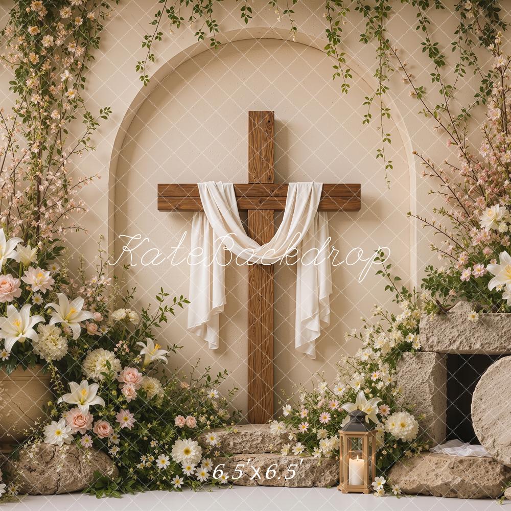 Kate Easter Resurrection Cross Beige Flower Arch Printed Backdrop Designed by Shutter Swan Studios