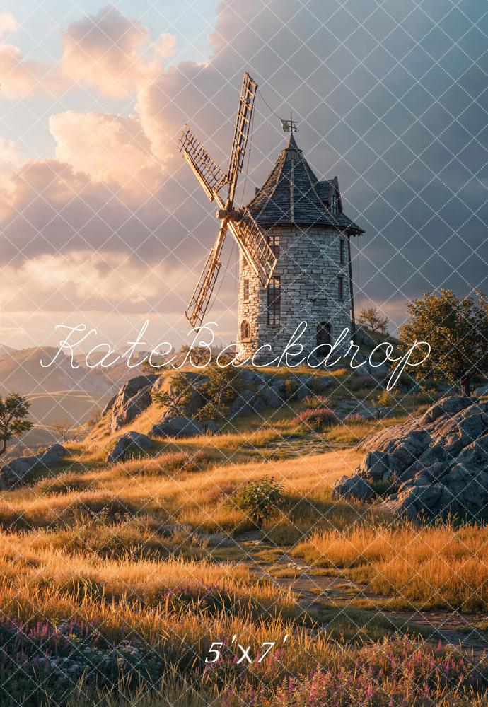 Kate Windmill Stone Sunrise Meadow Printed Backdrop Designed by Chain Photography