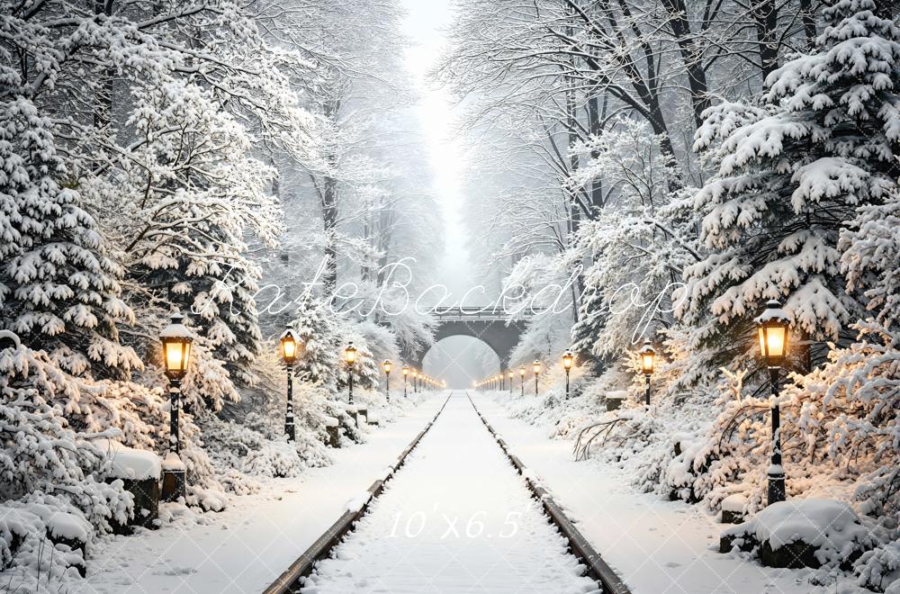 Kate Winter Snowy Forest Railway Tunnel with Lamp Posts Printed Backdrop Designed by Mini MakeBelieve