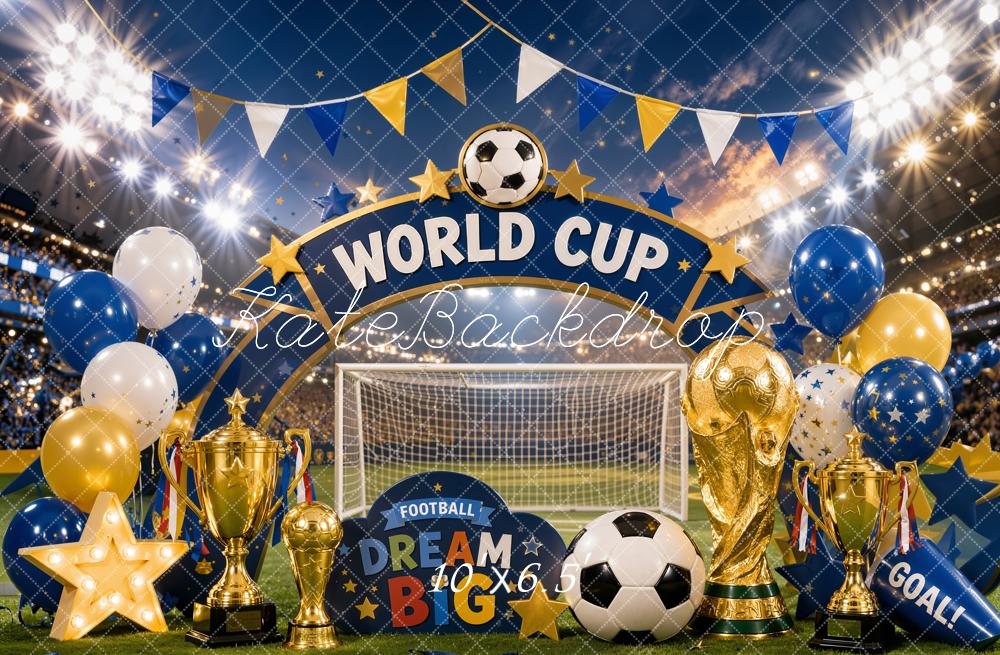 Kate Soccer World Cup Trophy Gold Balloons Stadium Printed Backdrop Designed by Chain Photography