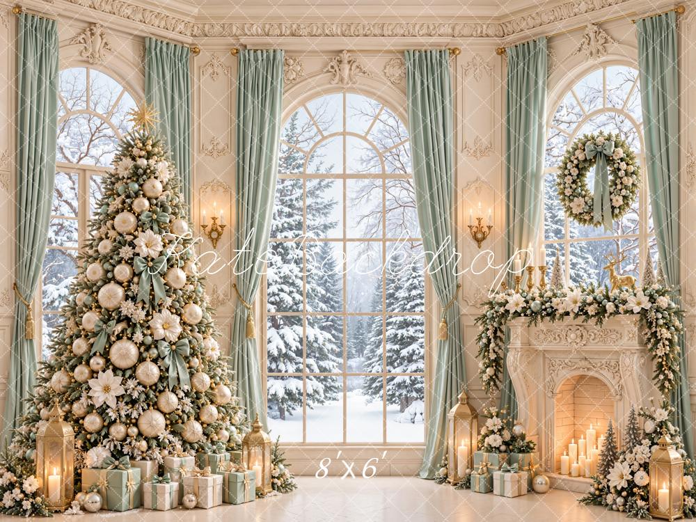 Kate Christmas Tree Fireplace Wreath Snowy Window Printed Backdrop Designed by Emetselch