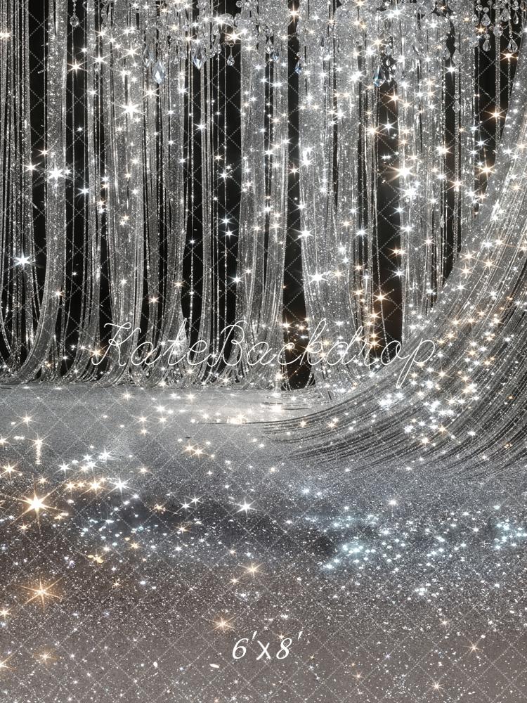 Kate Silver Glitter Crystal Chandelier Drapes Printed Backdrop Designed by Chain Photography