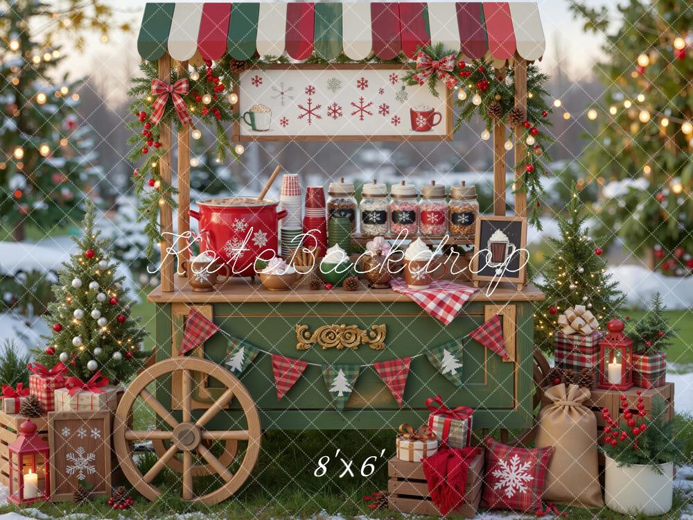 Kate Christmas Hot Cocoa Stand Gifts Trees Snow Outdoor Printed Backdrop Designed by Mini MakeBelieve
