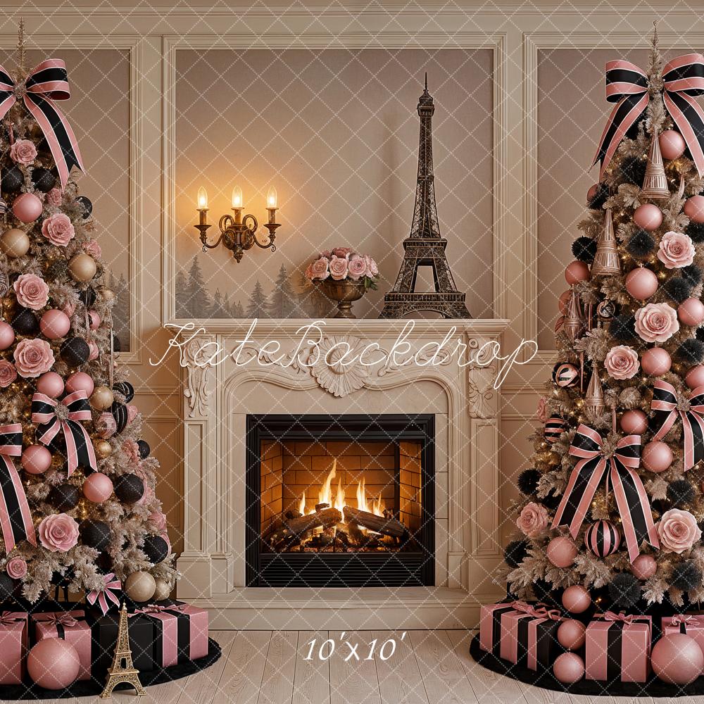 Kate Christmas Tree Pink Eiffel Tower Fireplace Chic Backdrop Designed by Ashley Paul