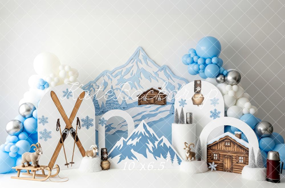 Kate Cake Smash Winter Mountain Chalet Ski Snowflakes Balloons Backdrop Designed by Patty Roberts