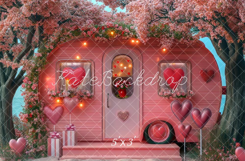 Kate Valentine Hearts Pink Caravan Backdrop Designed by Mini MakeBelieve