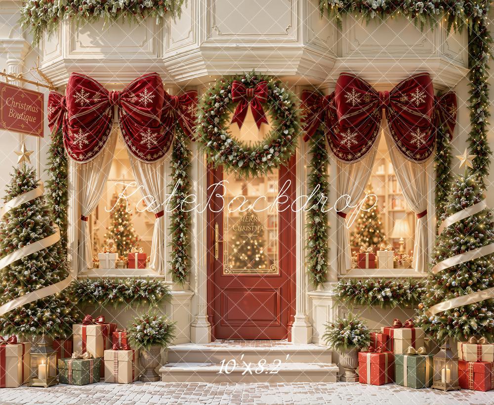 Kate Christmas Doorway Boutique Red Bow Garland Christmas Trees Printed Backdrop Designed by Emetselch