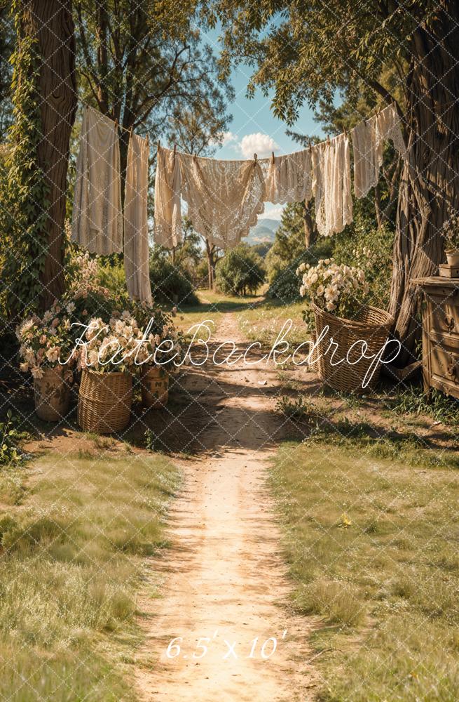 Kate Summer Country Path Laundry Clothesline Floral Baskets Backdrop Designed by Emetselch