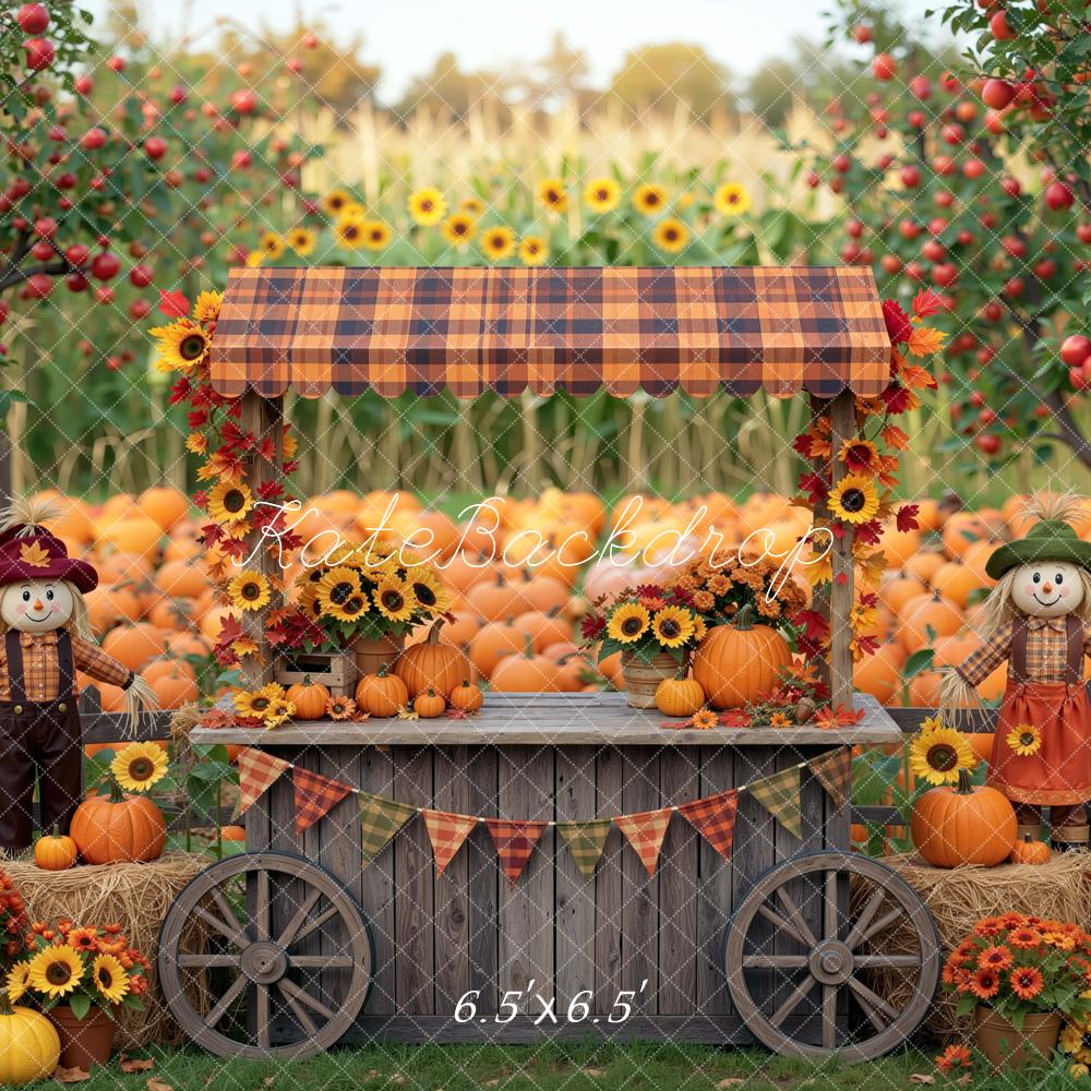 Kate Fall Pumpkin Stand Sunflower Scarecrow Field Printed Backdrop Designed by Mini MakeBelieve
