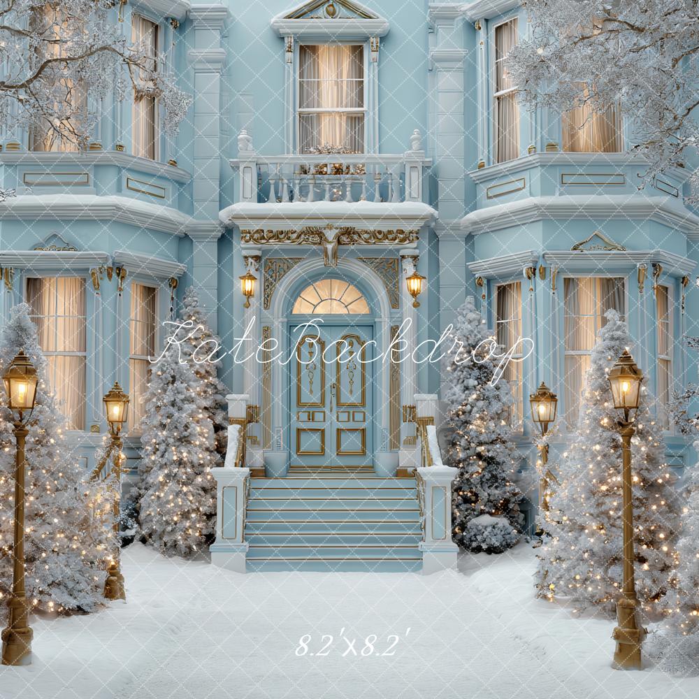 Kate Christmas Blue Mansion Snowy Trees Lamp Post Backdrop Designed by Ashley Paul