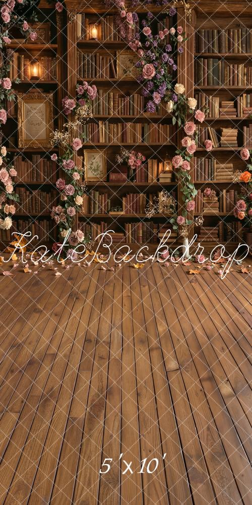 Kate School Library Bookshelf Floral Arch Wood Floor Printed Backdrop Designed by Emetselch