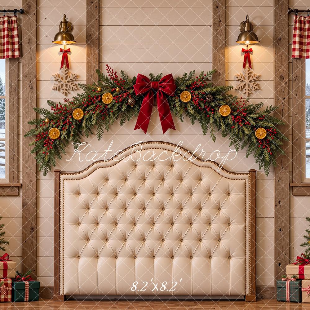 Kate Christmas Headboard Rustic Cabin Garland Trees Printed Backdrop Designed by Shutter Swan Studios