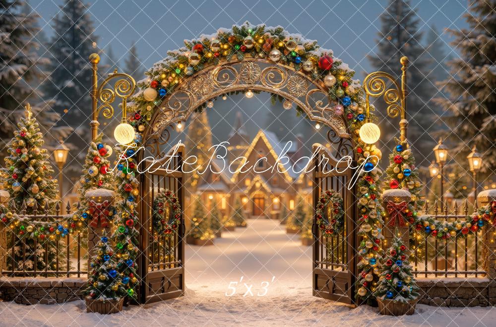 Kate Christmas Glow Colorful Village Gate Arch Snowy Ornament Printed Backdrop Designed by Mini MakeBelieve