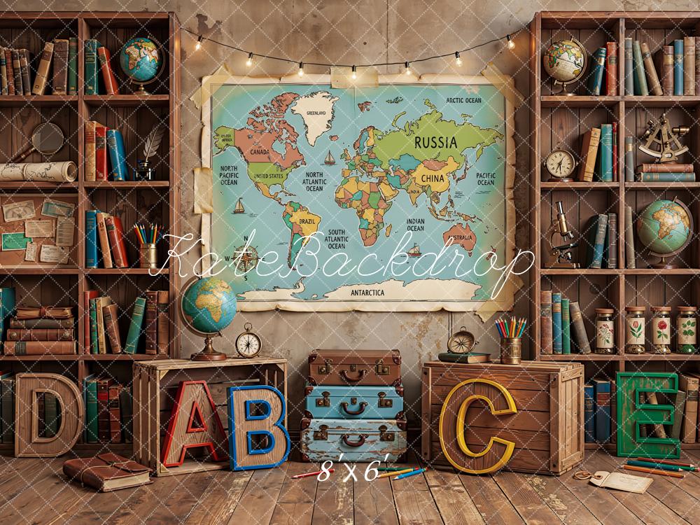 Kate Back to School World Map Bookshelves Globes ABC Letters Printed Backdrop Designed by Emetselch