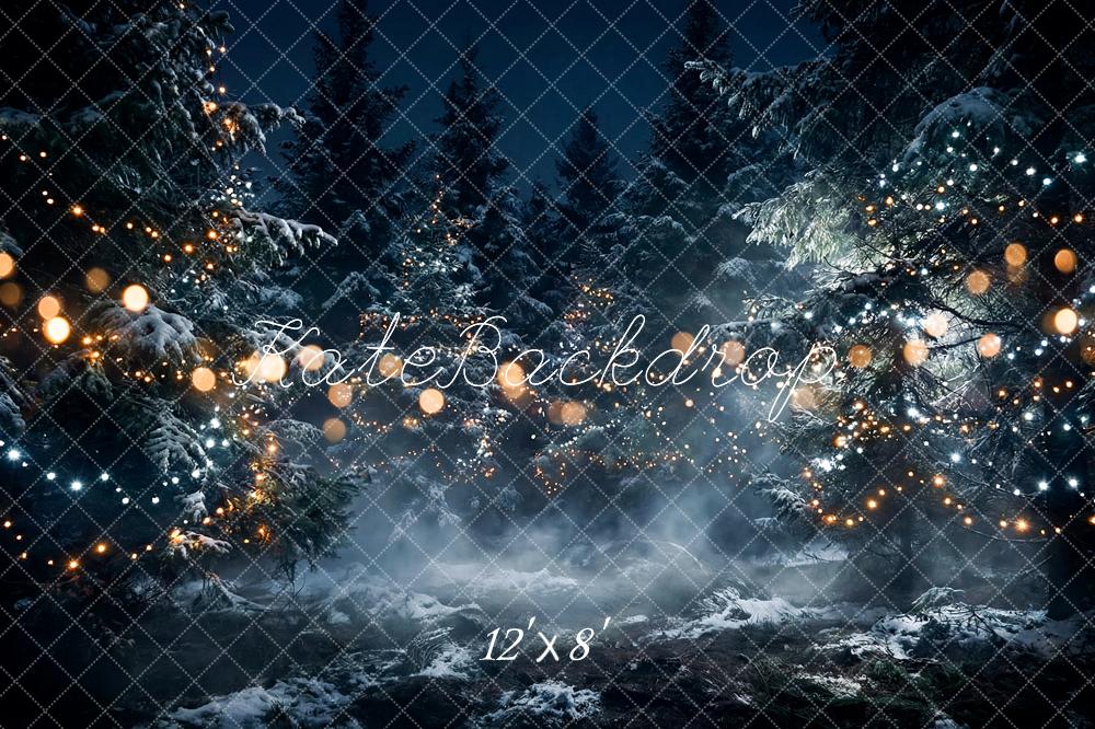 TEST Kate Christmas Snowy Forest String Lights Night Printed Backdrop Designed by Happy Squirrel Design