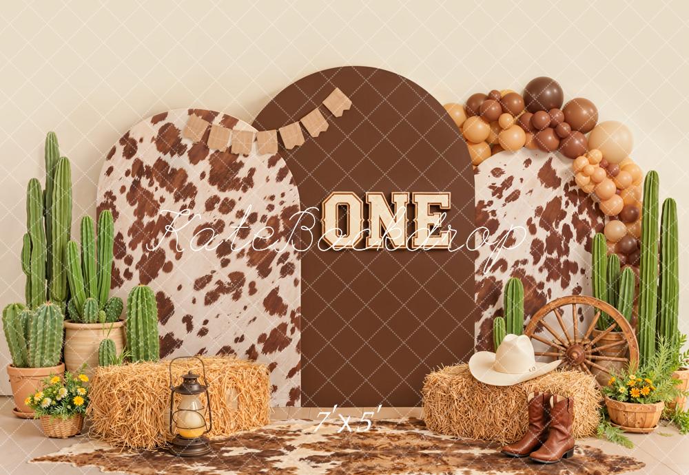 Kate Cake Smash Western Cow Print Cactus Hay One Birthday Printed Backdrop Designed by Emetselch