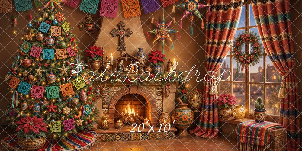 Kate Mexican Christmas Tree Fireplace Papel Picado Curtains Printed Backdrop Designed by Emetselch