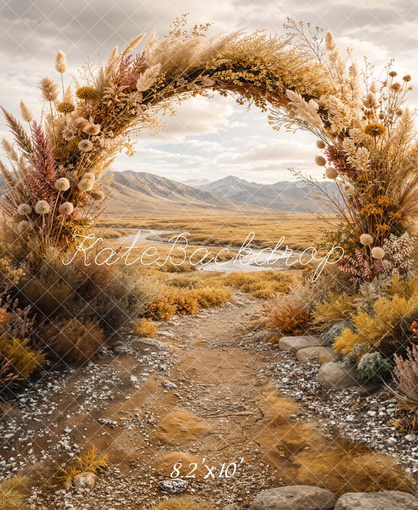 Kate Boho Outdoor Flower Arch Rustic Pathway Mountains Printed Backdrop Designed by Emetselch