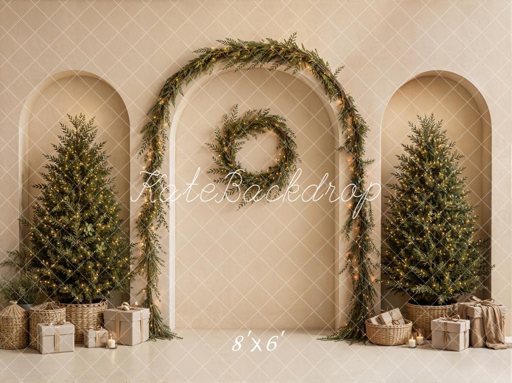 Kate Christmas Neutral Arch Wall Wreath Trees Gifts Printed Backdrop Designed by Emetselch