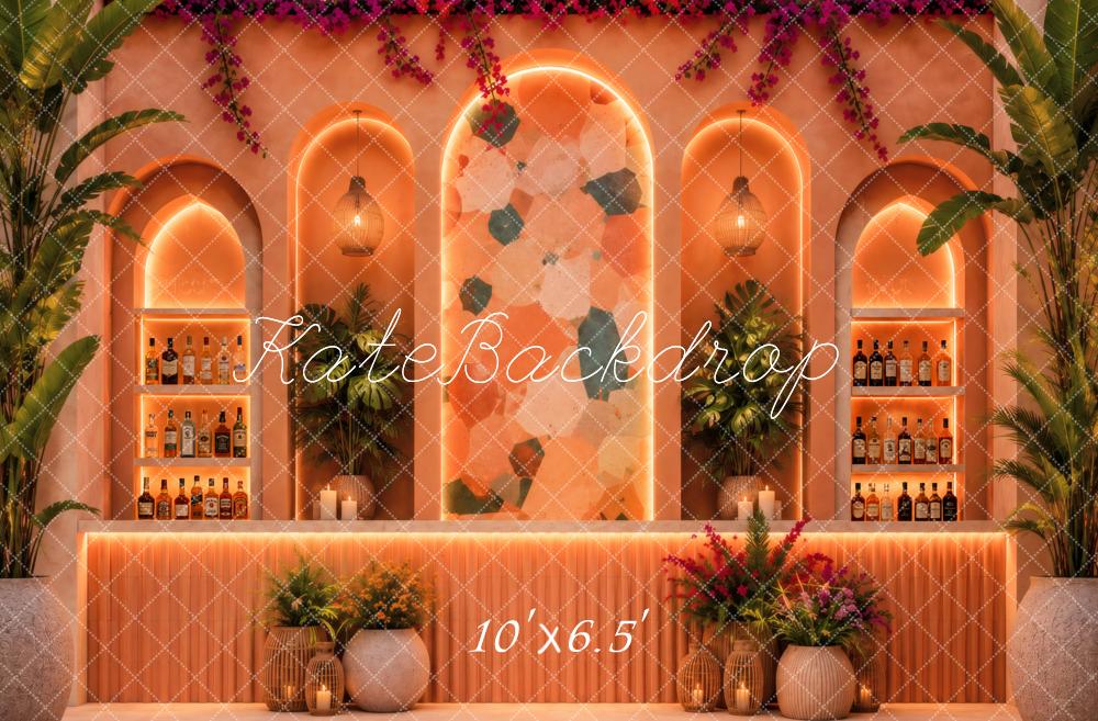 Kate Boho Orange Arch Bar Tropical Plants Printed Backdrop Designed by Vertigo Productions