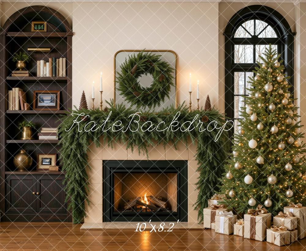 Kate Christmas Tree Bookcase Fireplace Wreath Living Room Printed Backdrop Designed by Mini MakeBelieve