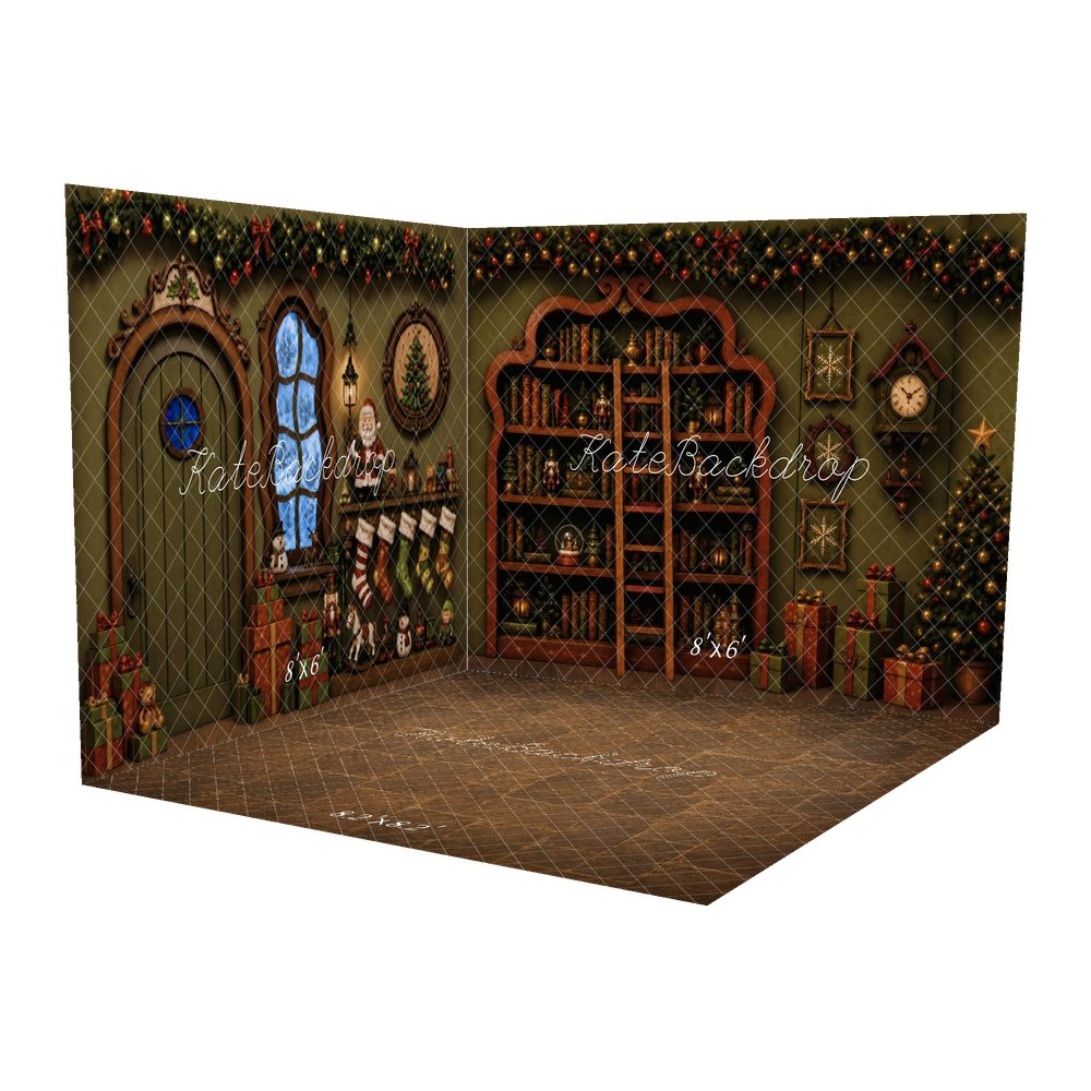 Kate Christmas Fantasy Green Bookshelf Tree Ladder Gifts Printed Backdrop Room Set