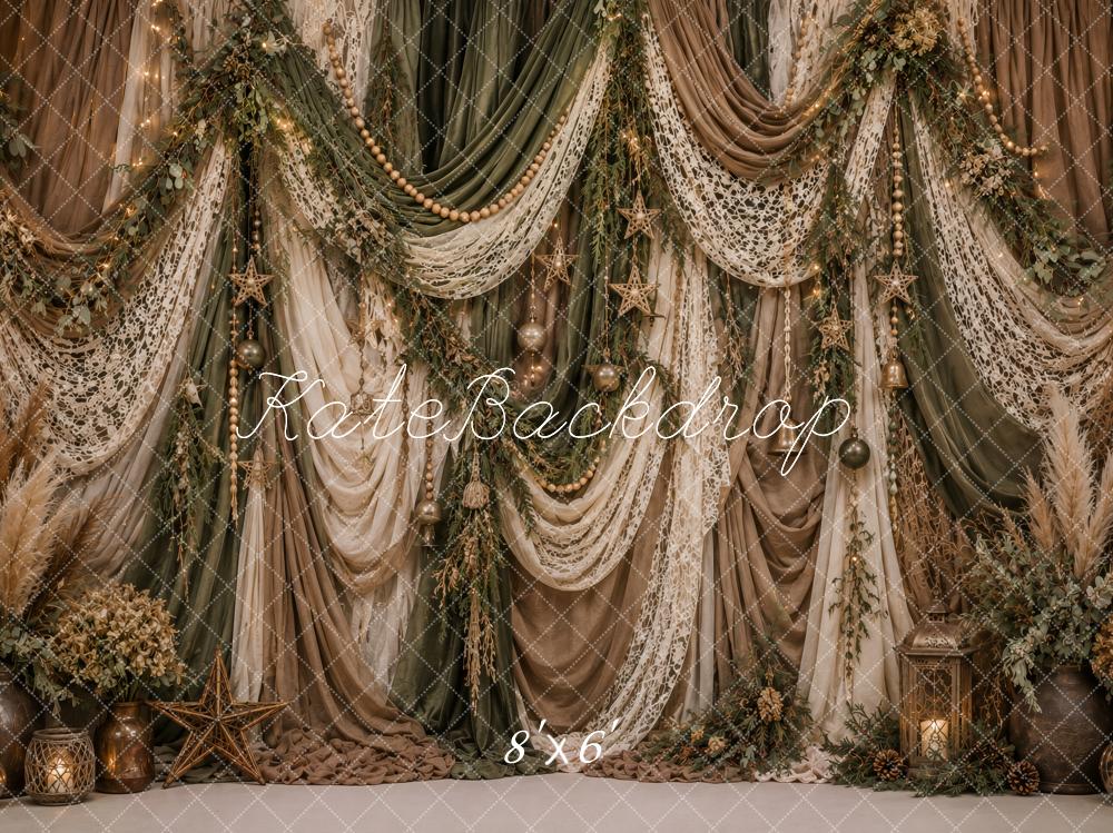 Kate Christmas Boho Lace Draped Greenery Printed Backdrop Printed Backdrop Designed by Ashley Paul