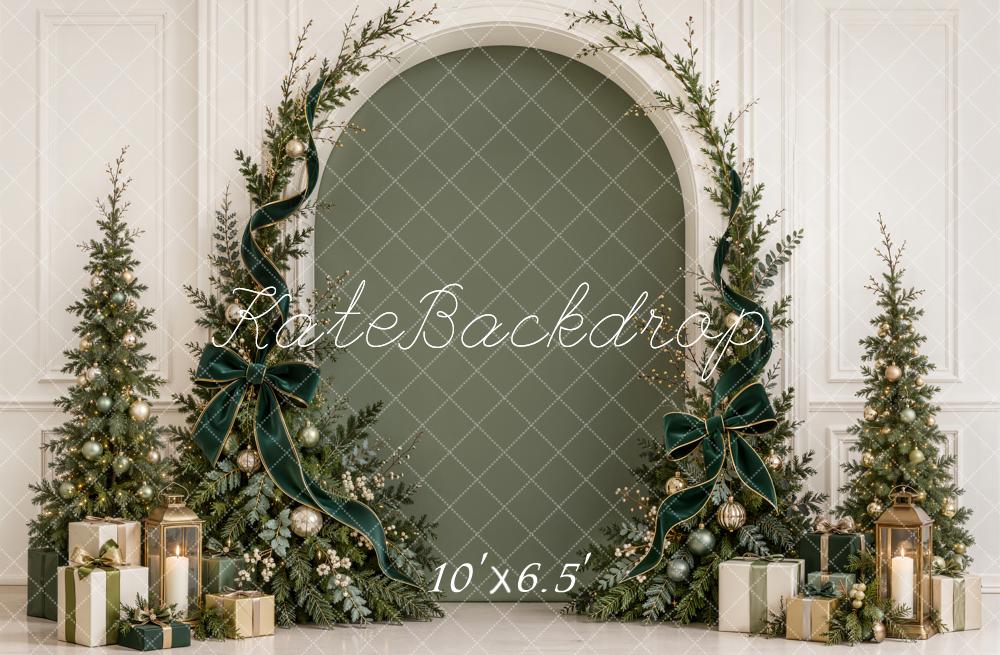 Kate Christmas Evergreen Arch Trees Green Velvet Bow Gifts Printed Backdrop Designed by Emetselch