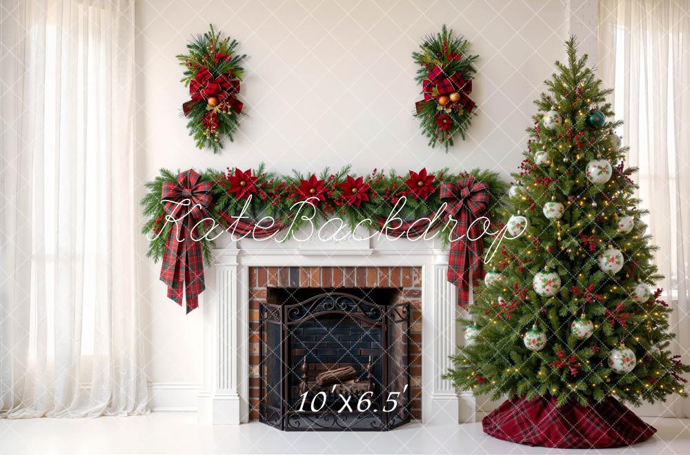 Kate Christmas Living Room Garland Fireplace Tree Red Plaid Bow Printed Backdrop Designed by Mini MakeBelieve