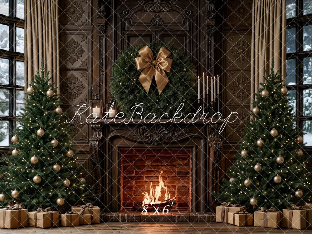 Kate Christmas Retro Brown Fireplace Trees Bow Gifts Printed Backdrop Designed by Emetselch