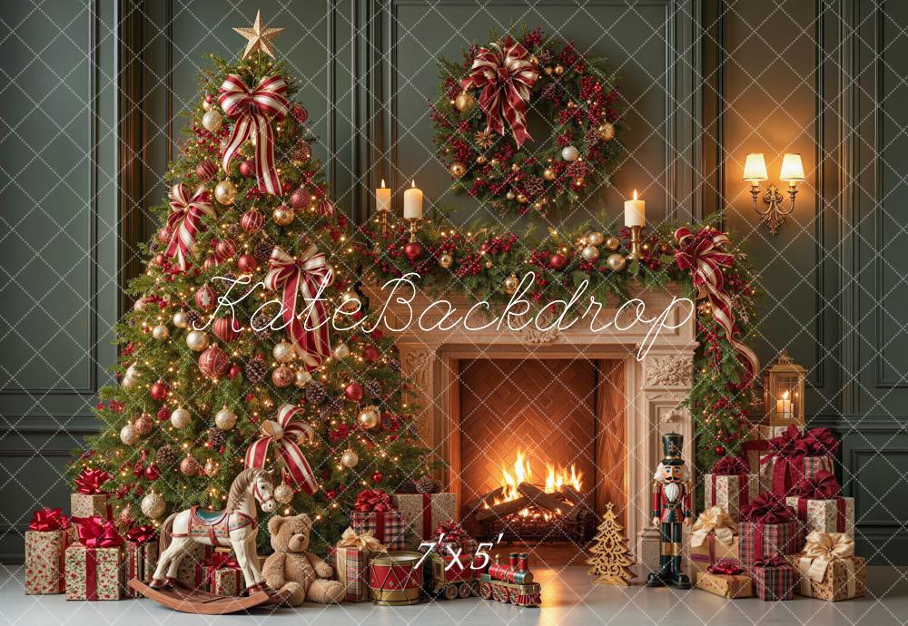Kate Christmas Tree Fireplace Striped Wreath Gifts Green Printed Backdrop Designed by Mini MakeBelieve