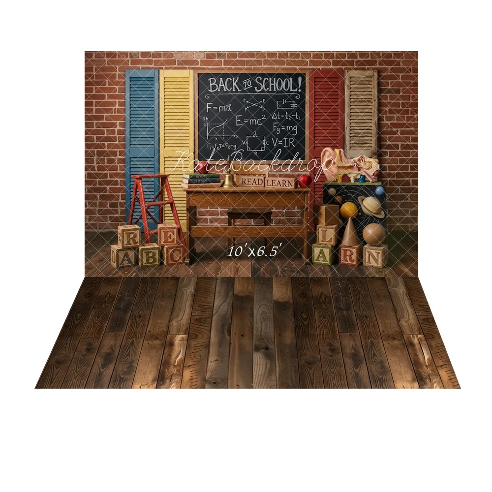 Kate Back To School Blackboard Brick Wall Books Blocks Planets Backdrop+Brown Wood Plank Vintage Wall Backdrop