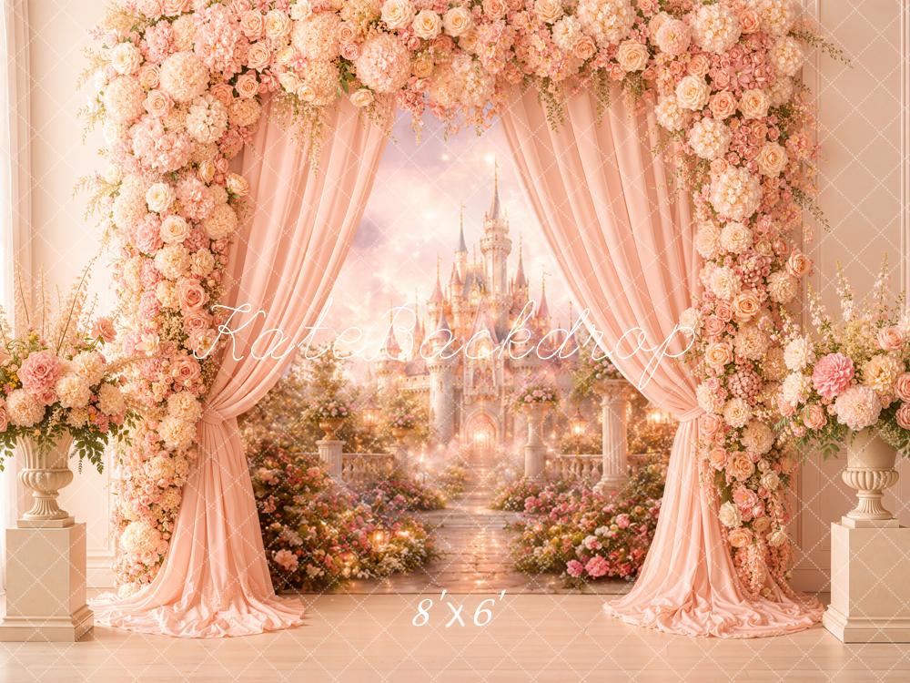 Kate Fairy Fantasy Princess Castle Flower Arch Pink Printed Backdrop Designed by Emetselch