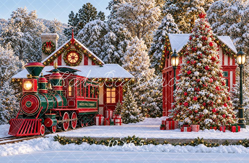 Kate Christmas Snowy Polar Train Station Trees Red Printed Backdrop Designed by Angela Miller