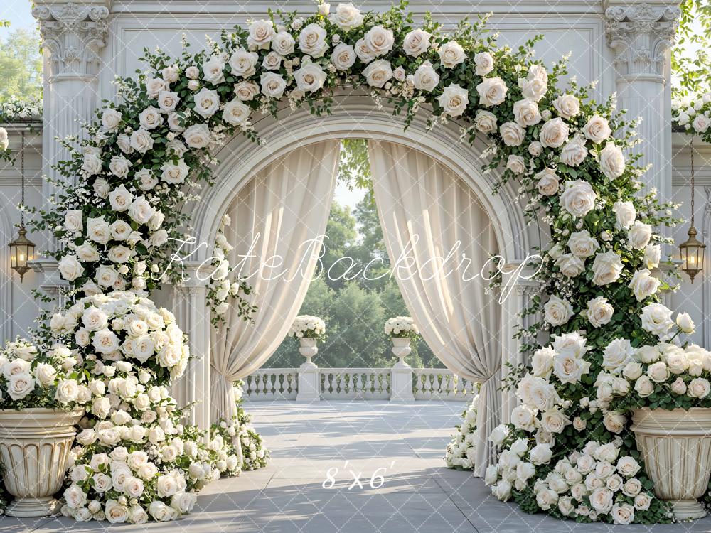 Kate Spring Flower Arch White Roses Columns Elegant Garden Backdrop Designed by Mini MakeBelieve