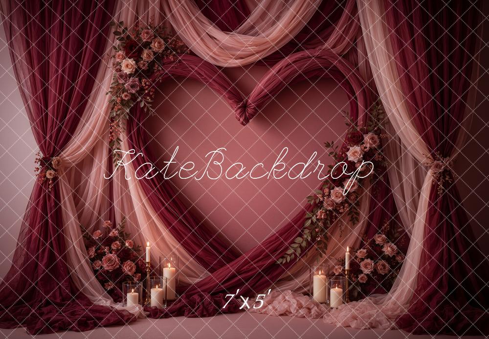 Kate Valentine's Day Burgundy Drapes Floral Heart Cozy Printed Backdrop Designed by Ashley Ward