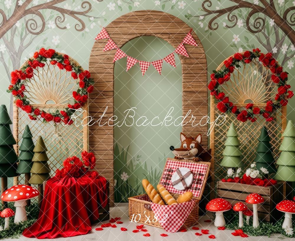 Kate Fairy Forest Arch Trees Mushrooms Picnic Basket Red Roses Backdrop Designed by Patty Roberts
