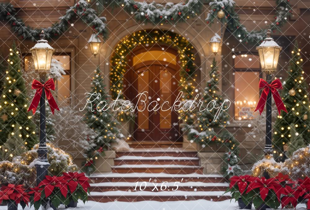 Kate Christmas Snowy Porch Garland Red Bows Lamppost Backdrop Designed by Emetselch