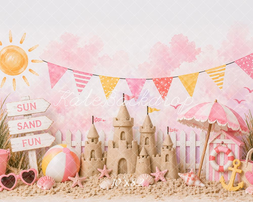 Kate Summer Sandcastle Beach Umbrella Pink Printed Backdrop Designed by Caitlin Lynch
